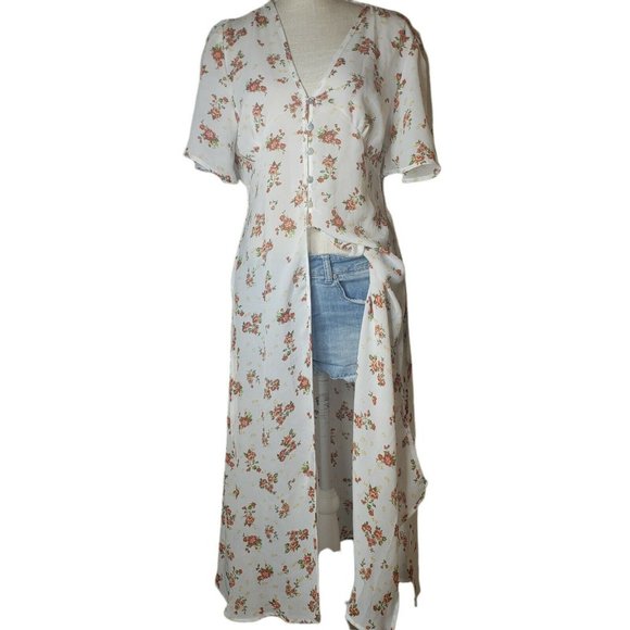 Haute Project LA M Button Front Long Duster White W/ Flower Print - Picture 2 of 7